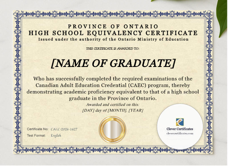 Ontario High School Equivalency Certificate CAEC Diploma presented in a sleek wooden frame, elegantly arranged on a stylish table.