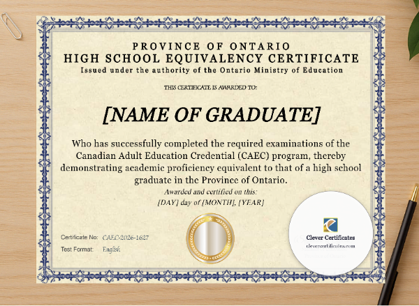 Professional preview of Ontario High School Equivalency Certificate CAEC Diploma certificate on high-quality stationery paper, ideal for showcasing the final look.