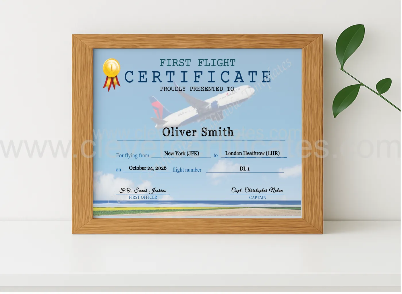 Realistic mockup featuring Delta Airplane First Flight Certificate displayed within a modern frame, set against a minimalistic background.