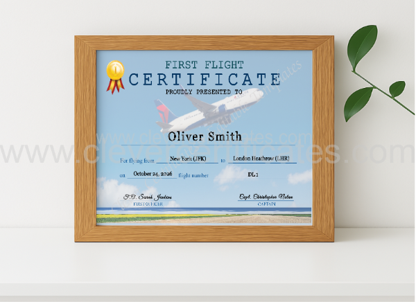 Realistic mockup featuring Delta Airplane First Flight Certificate displayed within a modern frame, set against a minimalistic background.