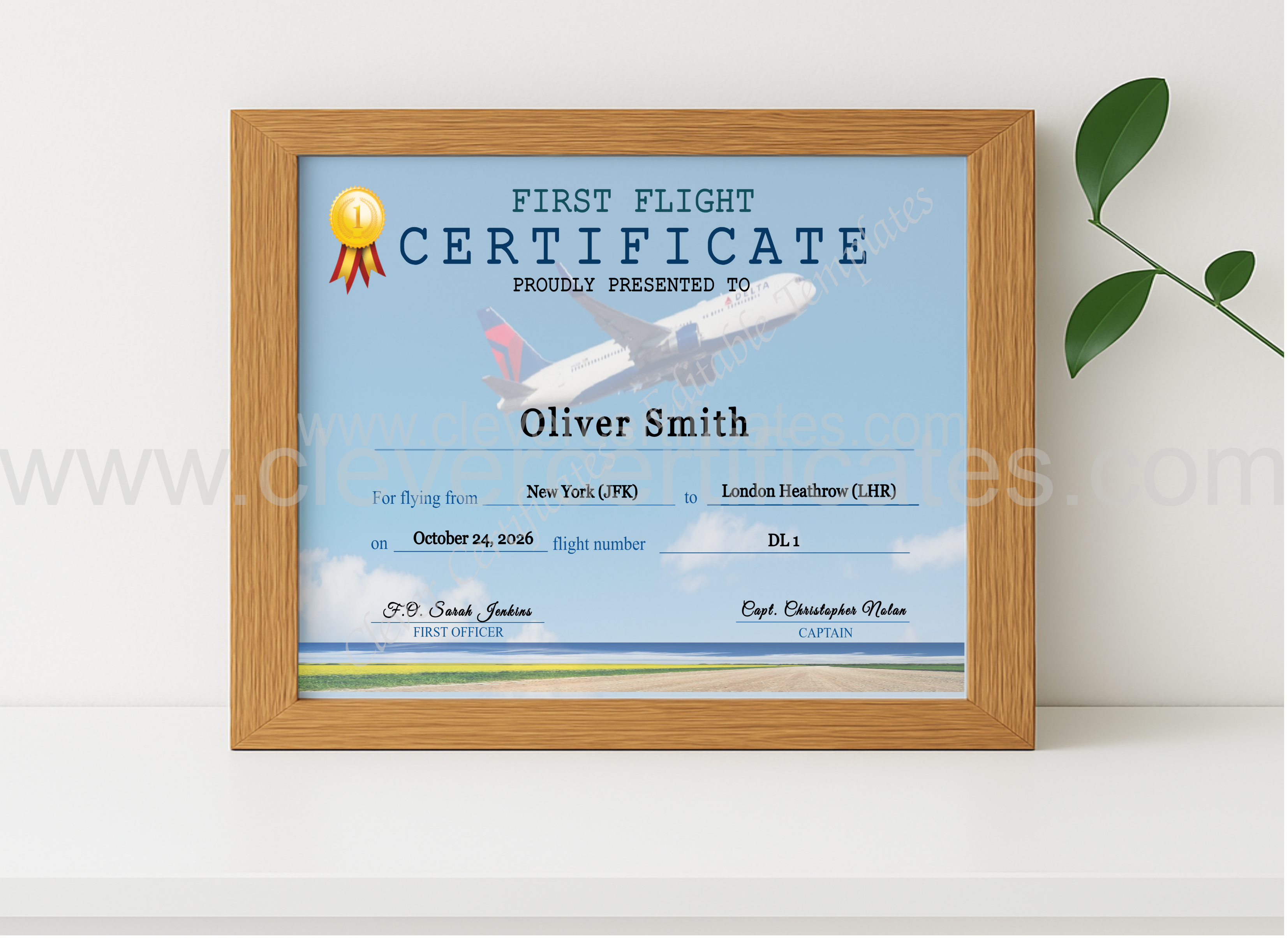 Realistic mockup featuring Delta Airplane First Flight Certificate displayed within a modern frame, set against a minimalistic background.