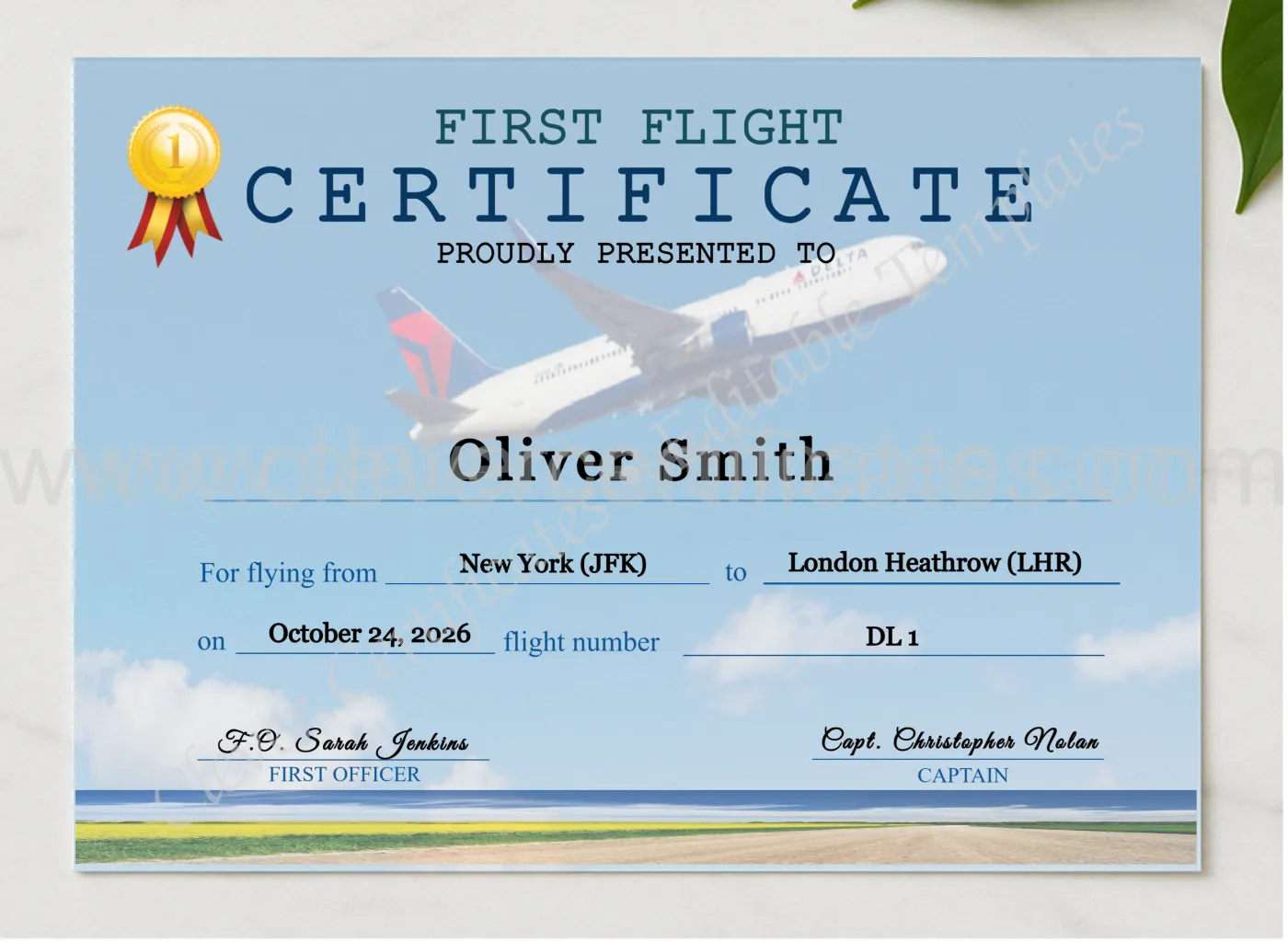 Delta Airplane First Flight Certificate presented in a sleek wooden frame, elegantly arranged on a stylish table.