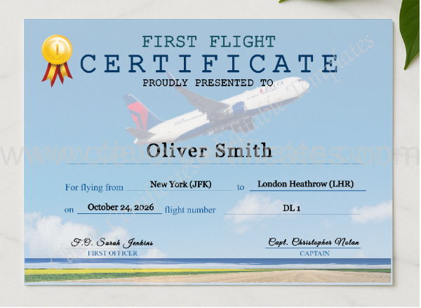 Delta Airplane First Flight Certificate presented in a sleek wooden frame, elegantly arranged on a stylish table.