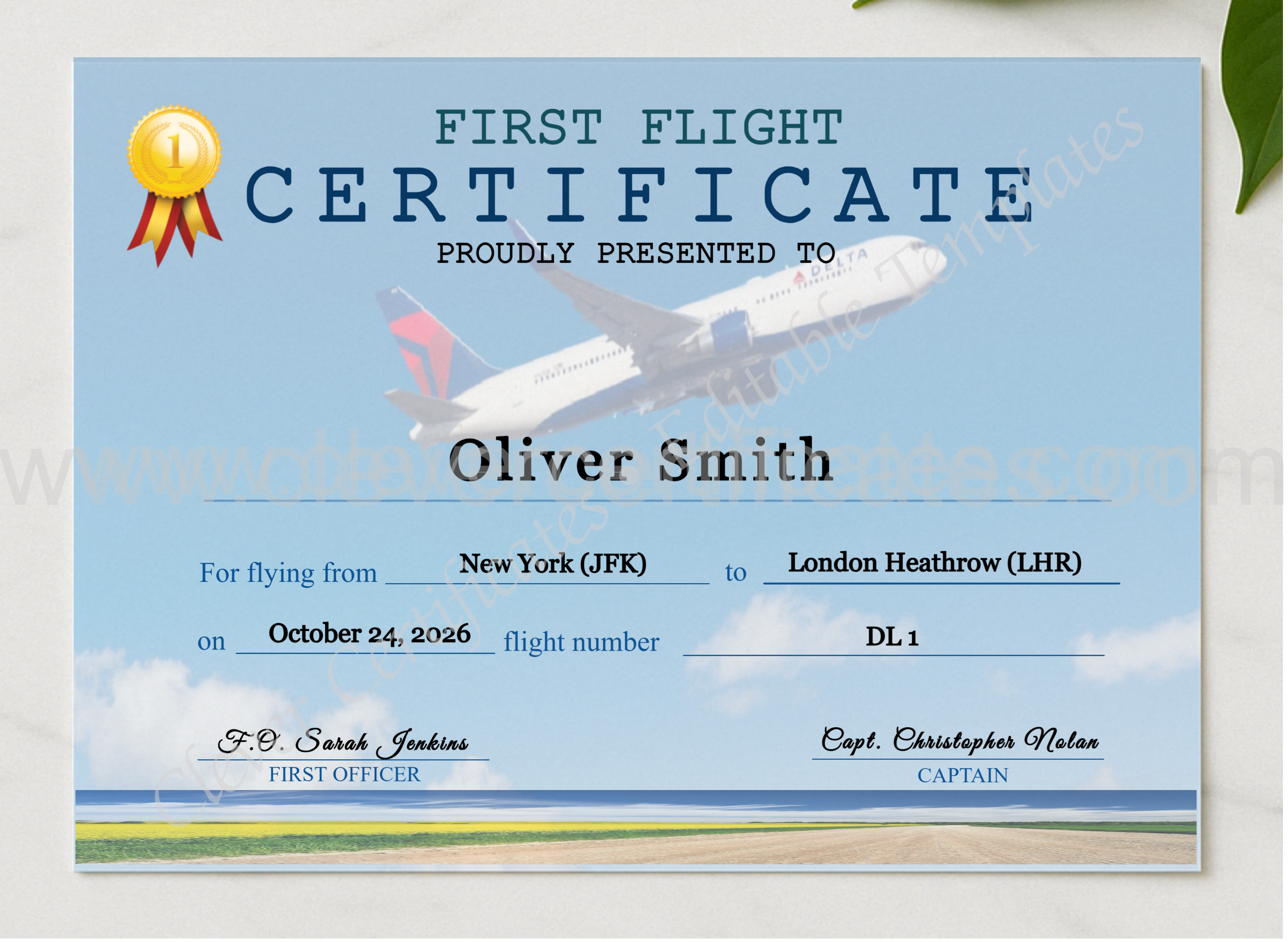 Delta Airplane First Flight Certificate presented in a sleek wooden frame, elegantly arranged on a stylish table.