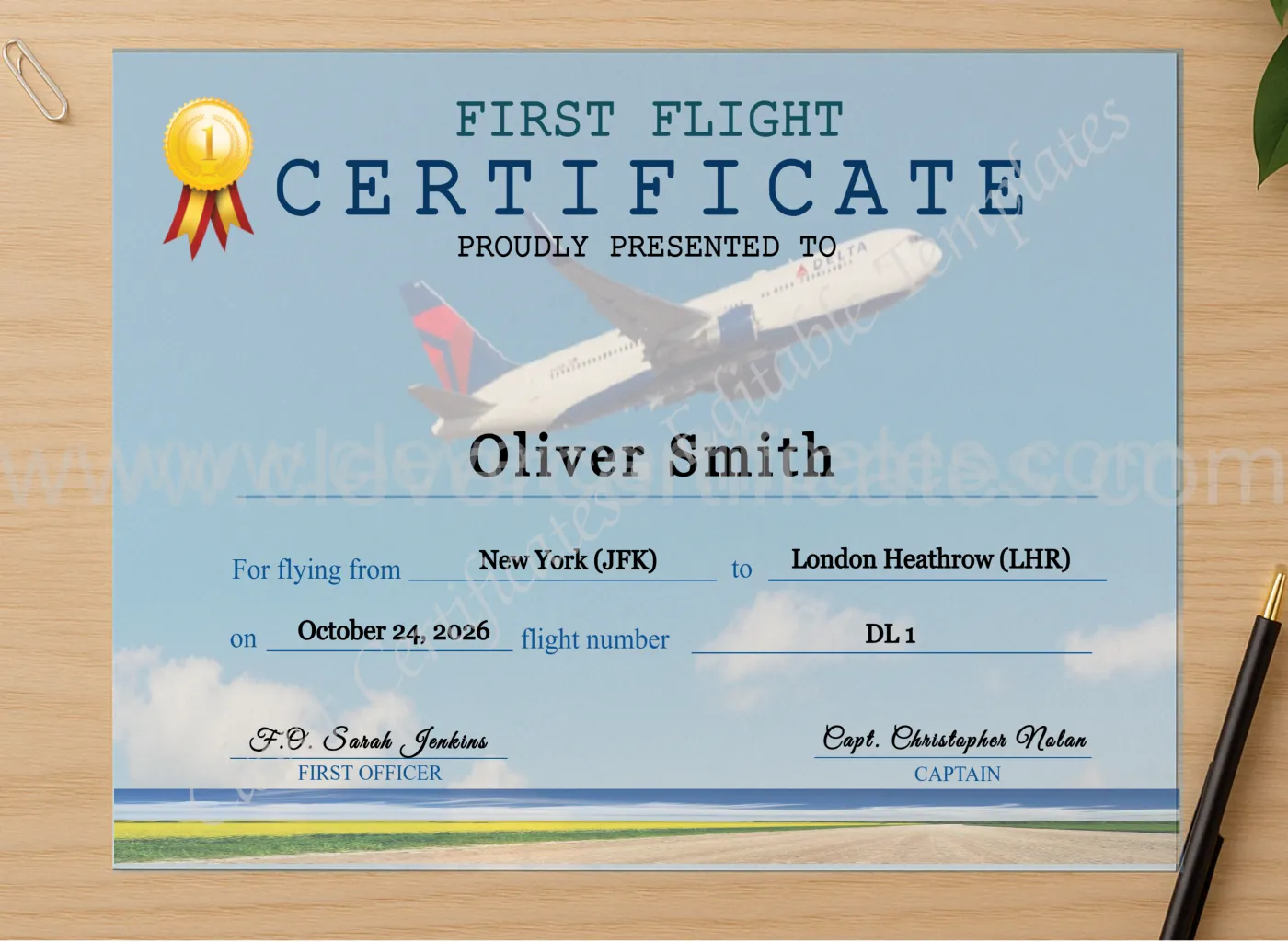 Professional preview of Delta Airplane First Flight Certificate certificate on high-quality stationery paper, ideal for showcasing the final look.