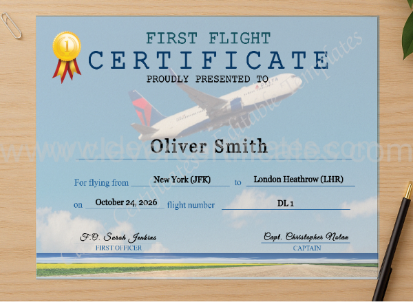 Professional preview of Delta Airplane First Flight Certificate certificate on high-quality stationery paper, ideal for showcasing the final look.