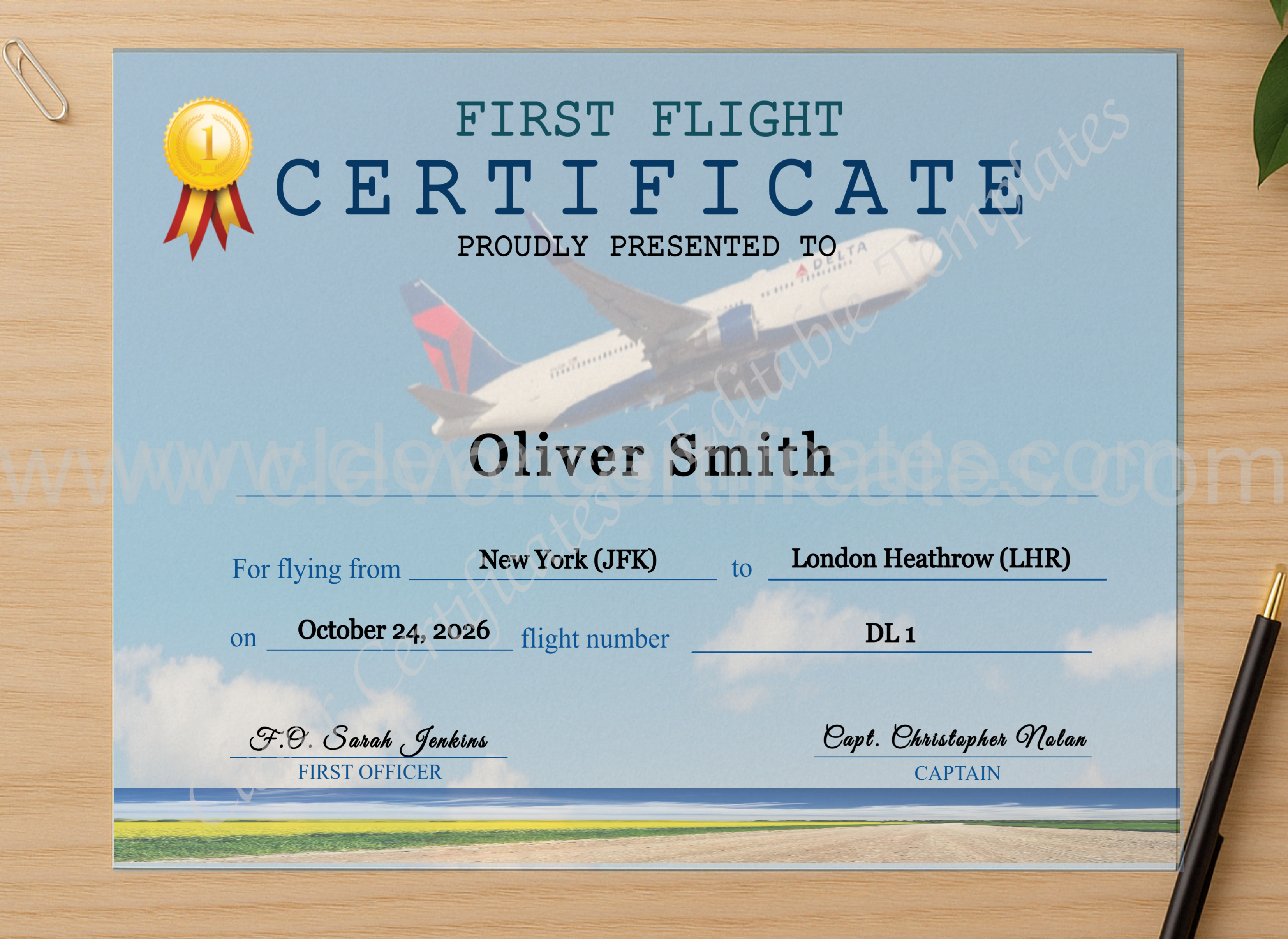 Professional preview of Delta Airplane First Flight Certificate certificate on high-quality stationery paper, ideal for showcasing the final look.