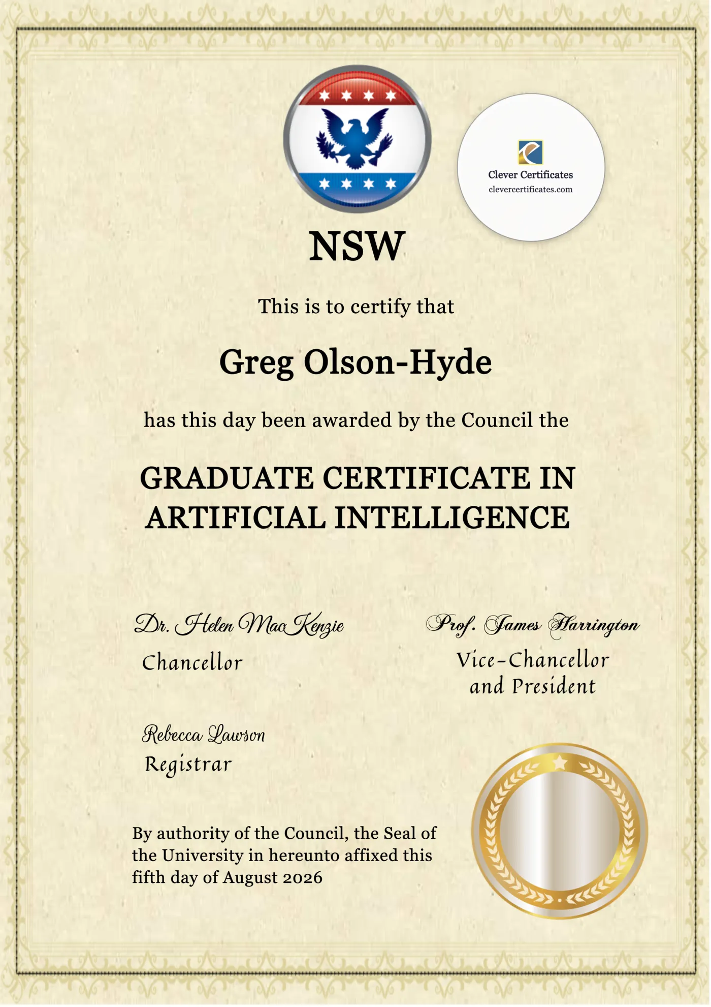 Editable New South Wales Hse Certificate Template — Certificate Template Preview