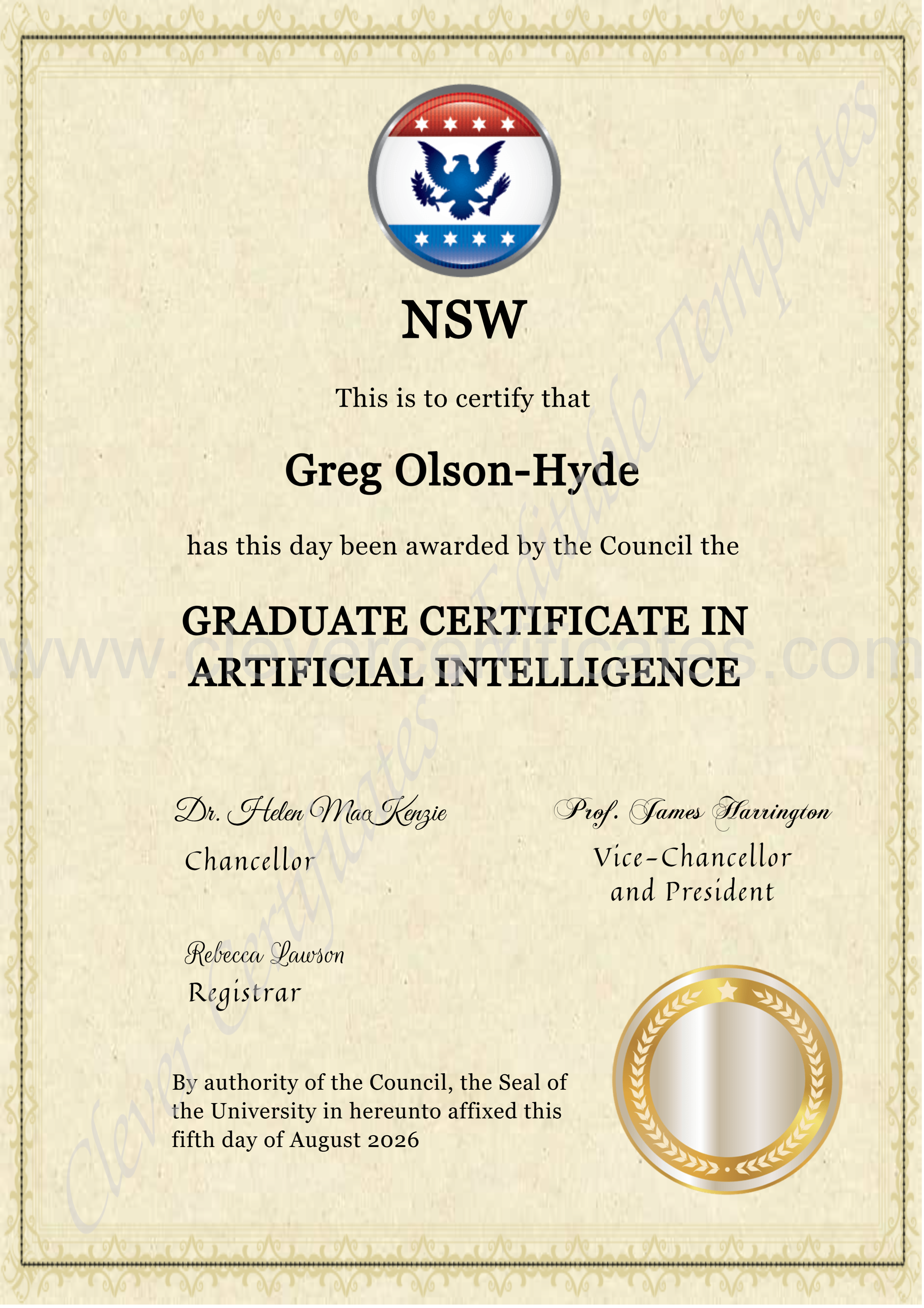 Editable New South Wales Hse Certificate Template — Certificate Template Preview