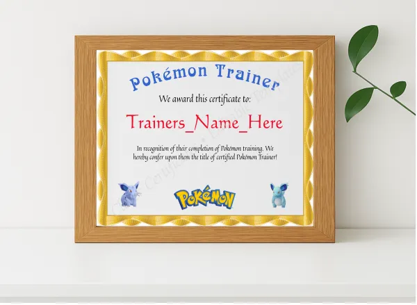 Realistic mockup featuring Pokemon Trainer Certificate displayed within a modern frame, set against a minimalistic background.
