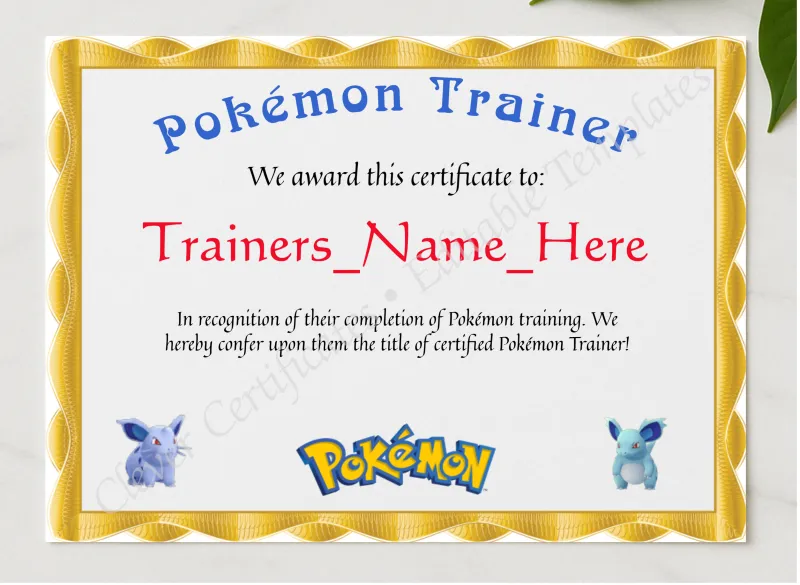 Pokemon Trainer Certificate presented in a sleek wooden frame, elegantly arranged on a stylish table.