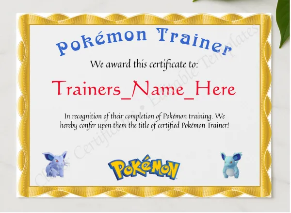 Pokemon Trainer Certificate presented in a sleek wooden frame, elegantly arranged on a stylish table.
