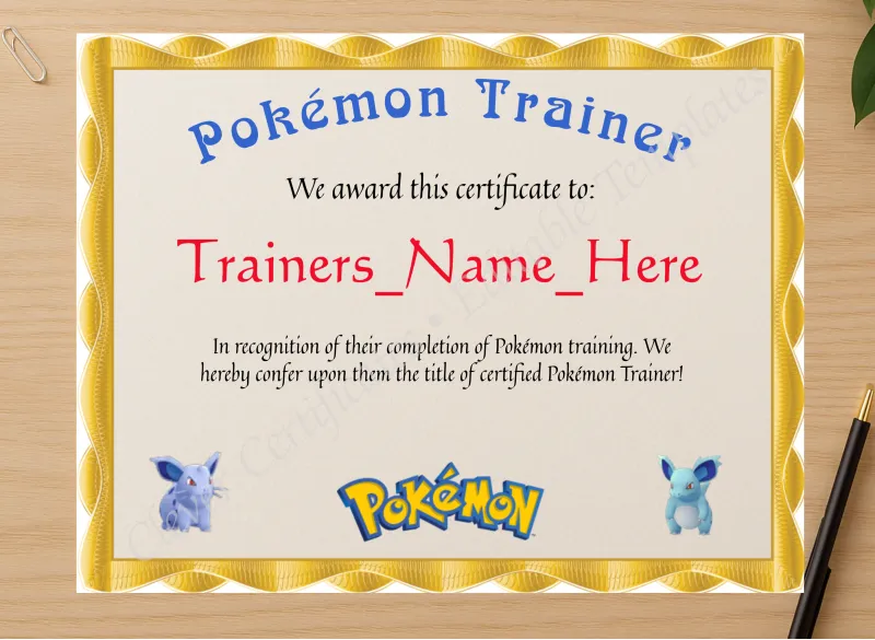Professional preview of Pokemon Trainer Certificate certificate on high-quality stationery paper, ideal for showcasing the final look.