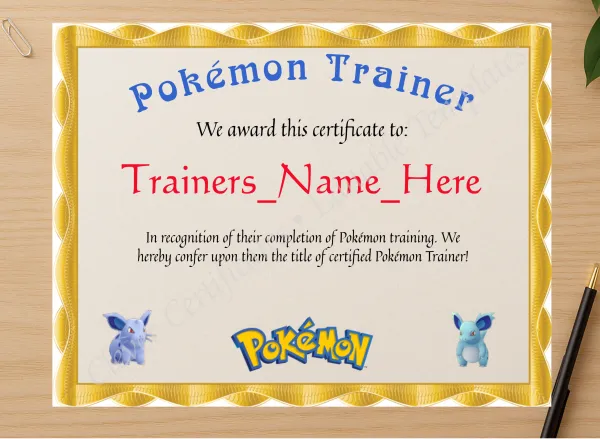 Professional preview of Pokemon Trainer Certificate certificate on high-quality stationery paper, ideal for showcasing the final look.