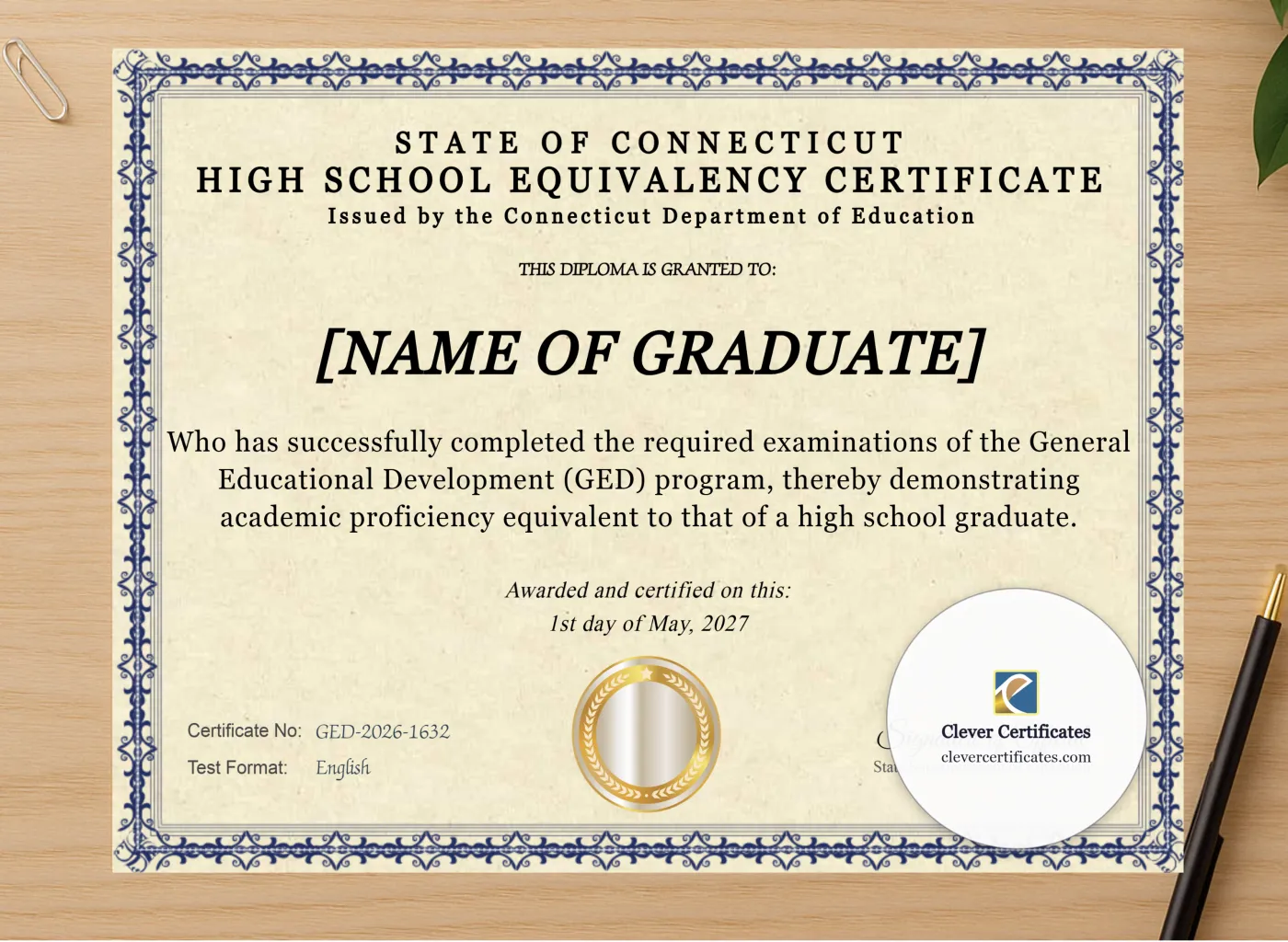 Professional preview of Connecticut Ged certificate on high-quality stationery paper, ideal for showcasing the final look.