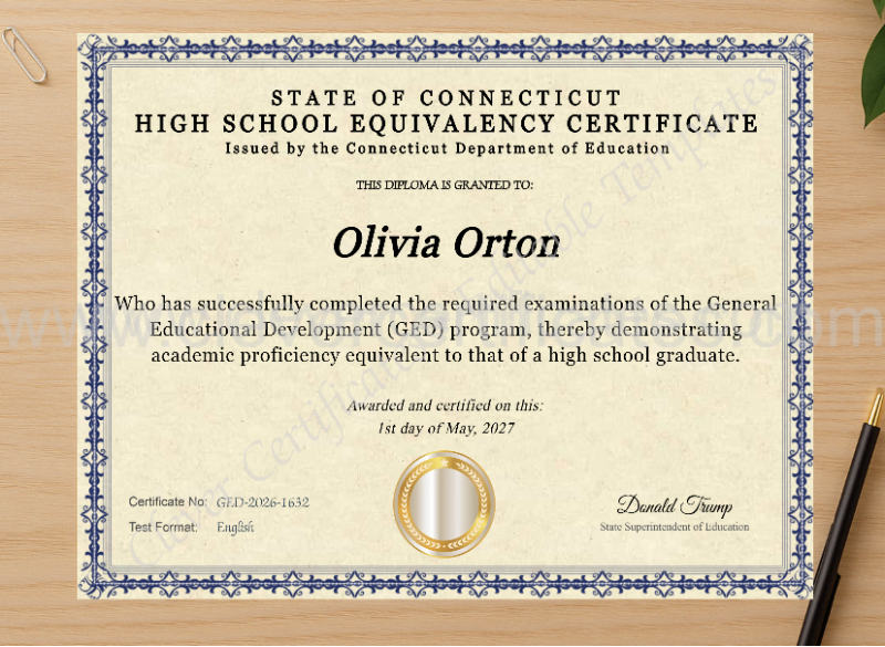 Professional preview of connecticut ged certificate on high-quality stationery paper, ideal for showcasing the final look.