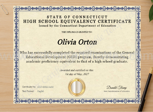 Professional preview of connecticut ged certificate on high-quality stationery paper, ideal for showcasing the final look.