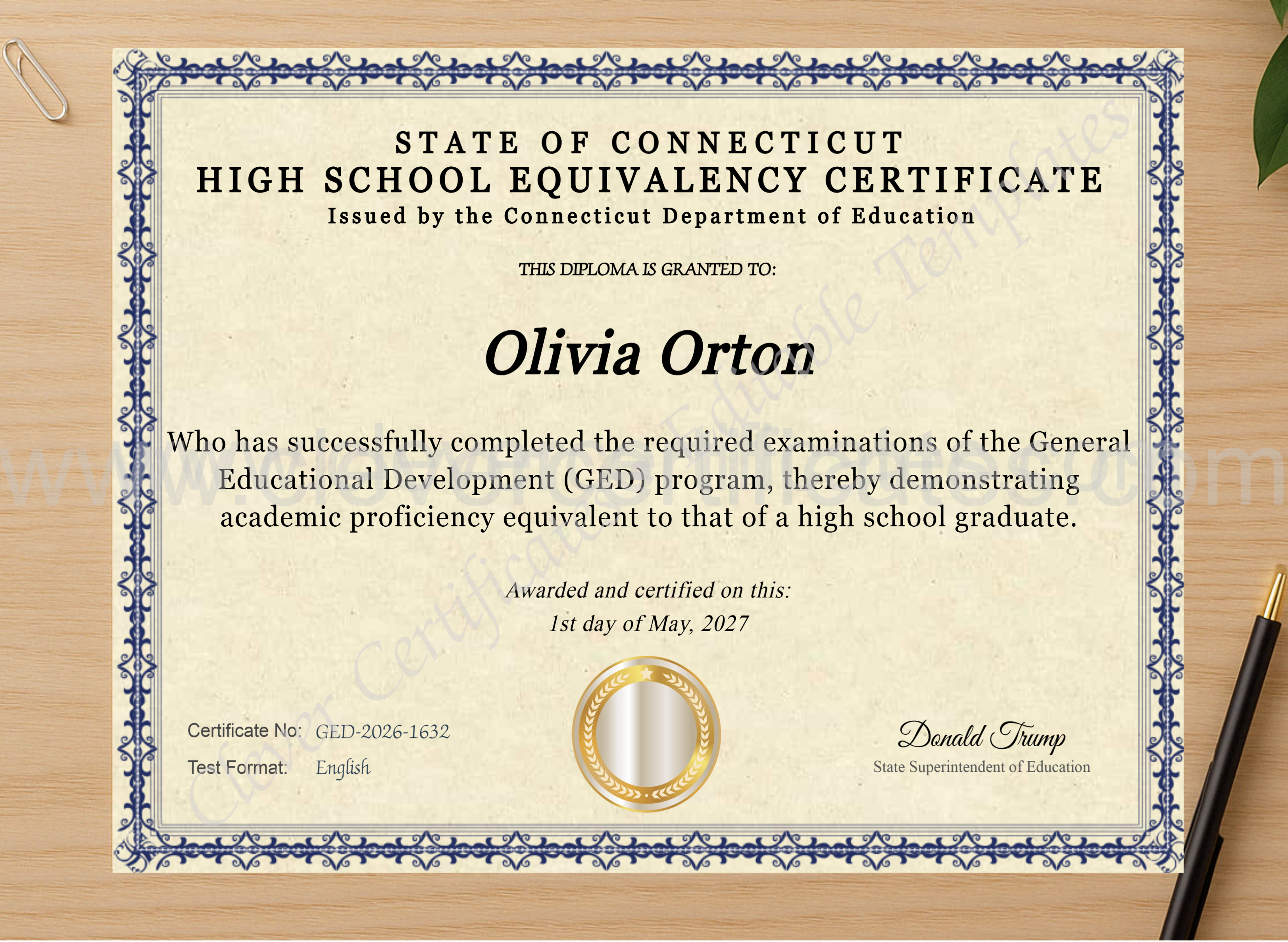 Professional preview of connecticut ged certificate on high-quality stationery paper, ideal for showcasing the final look.