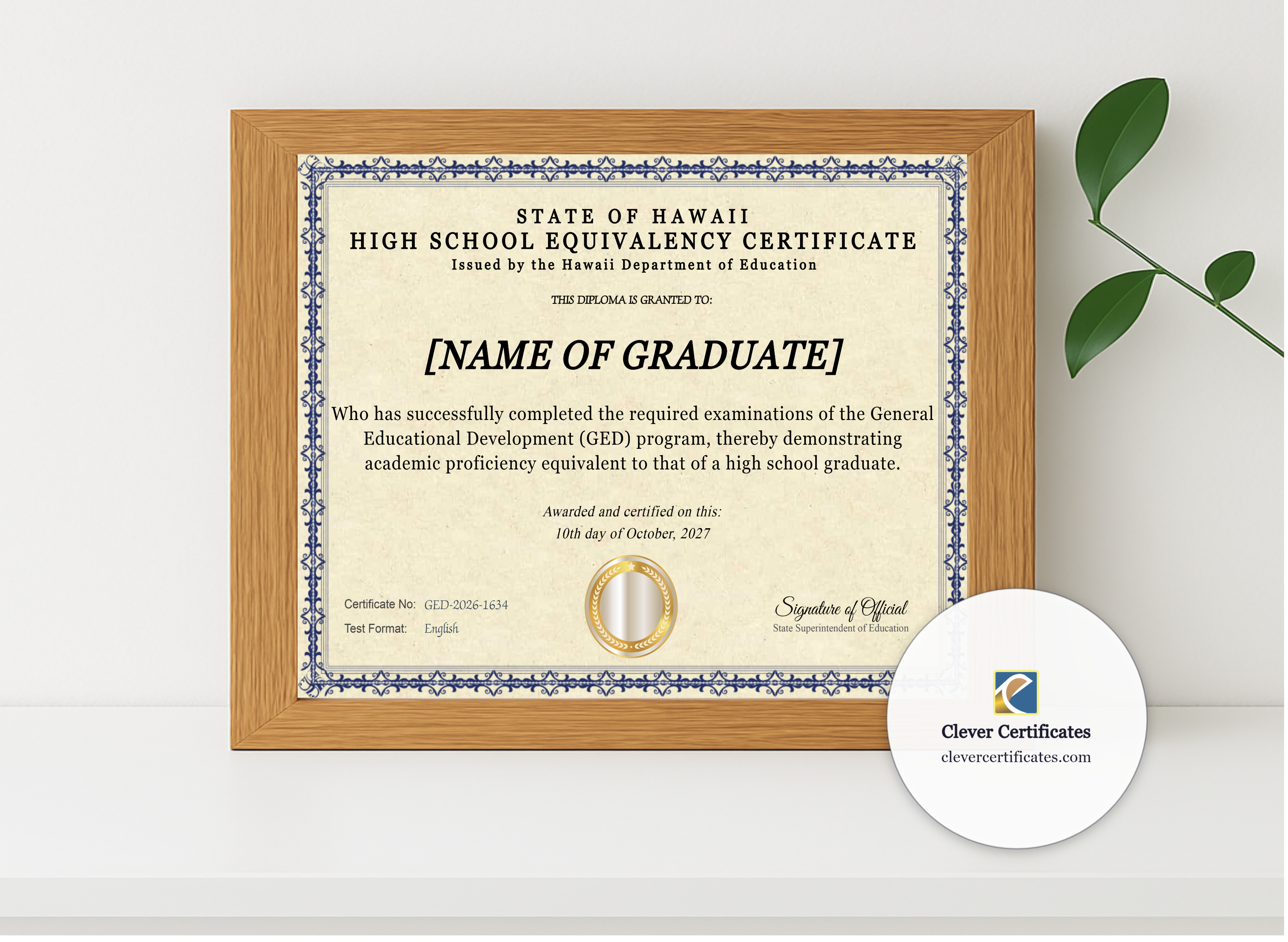 Realistic mockup featuring Hawaii Ged displayed within a modern frame, set against a minimalistic background.