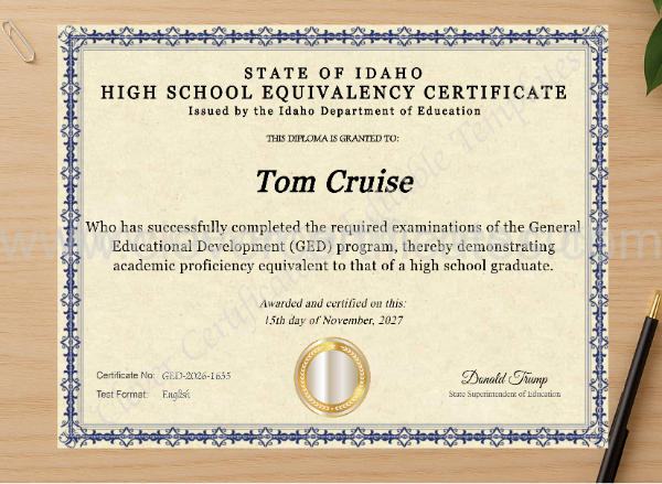 Professional preview of idaho ged certificate on high-quality stationery paper, ideal for showcasing the final look.