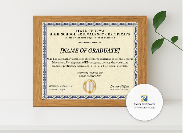 Realistic mockup featuring Iowa Ged displayed within a modern frame, set against a minimalistic background.