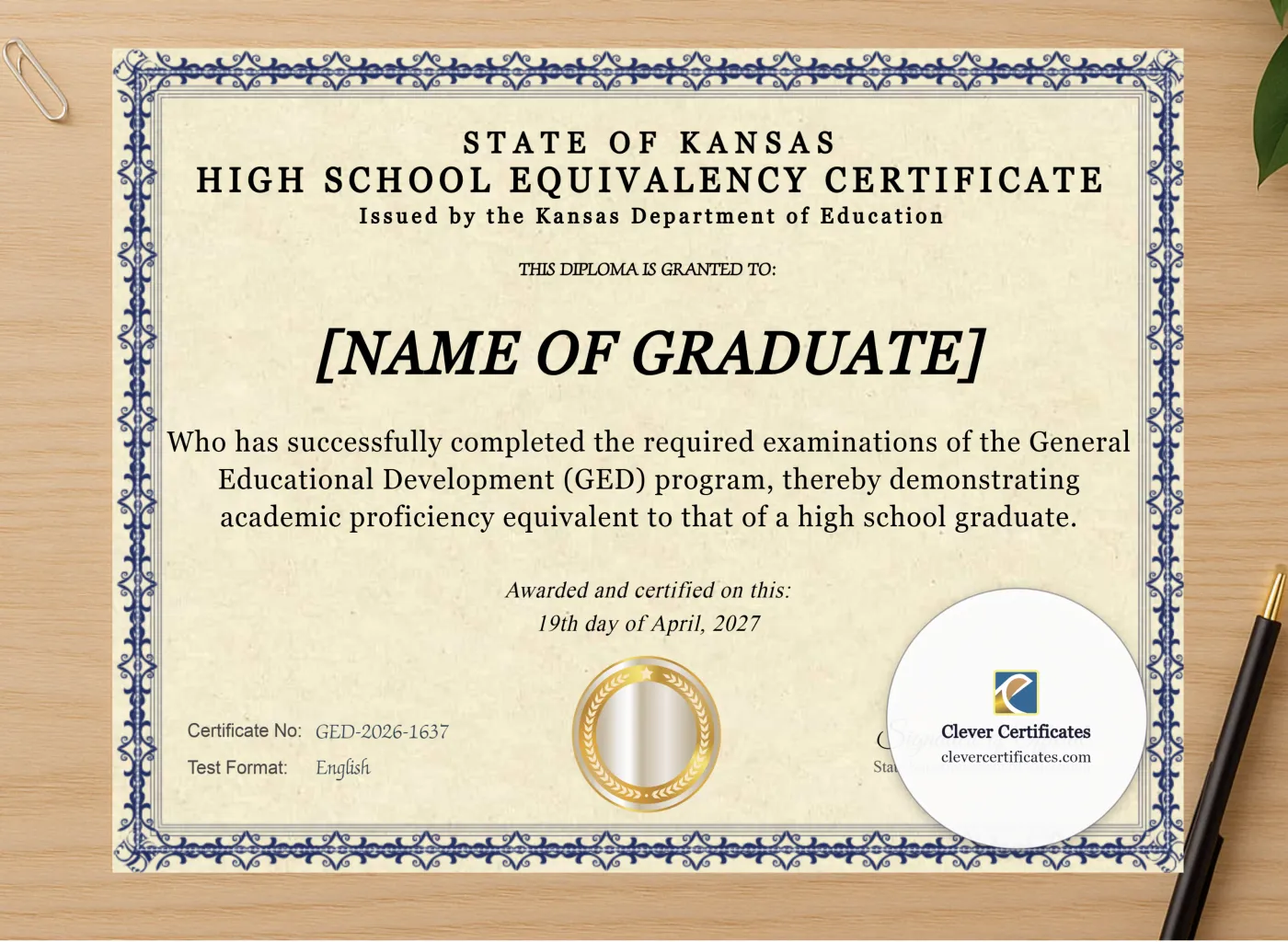 Professional preview of Kansas Ged certificate on high-quality stationery paper, ideal for showcasing the final look.