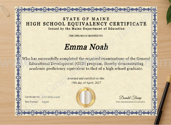 Professional preview of Maine Ged certificate on high-quality stationery paper, ideal for showcasing the final look.