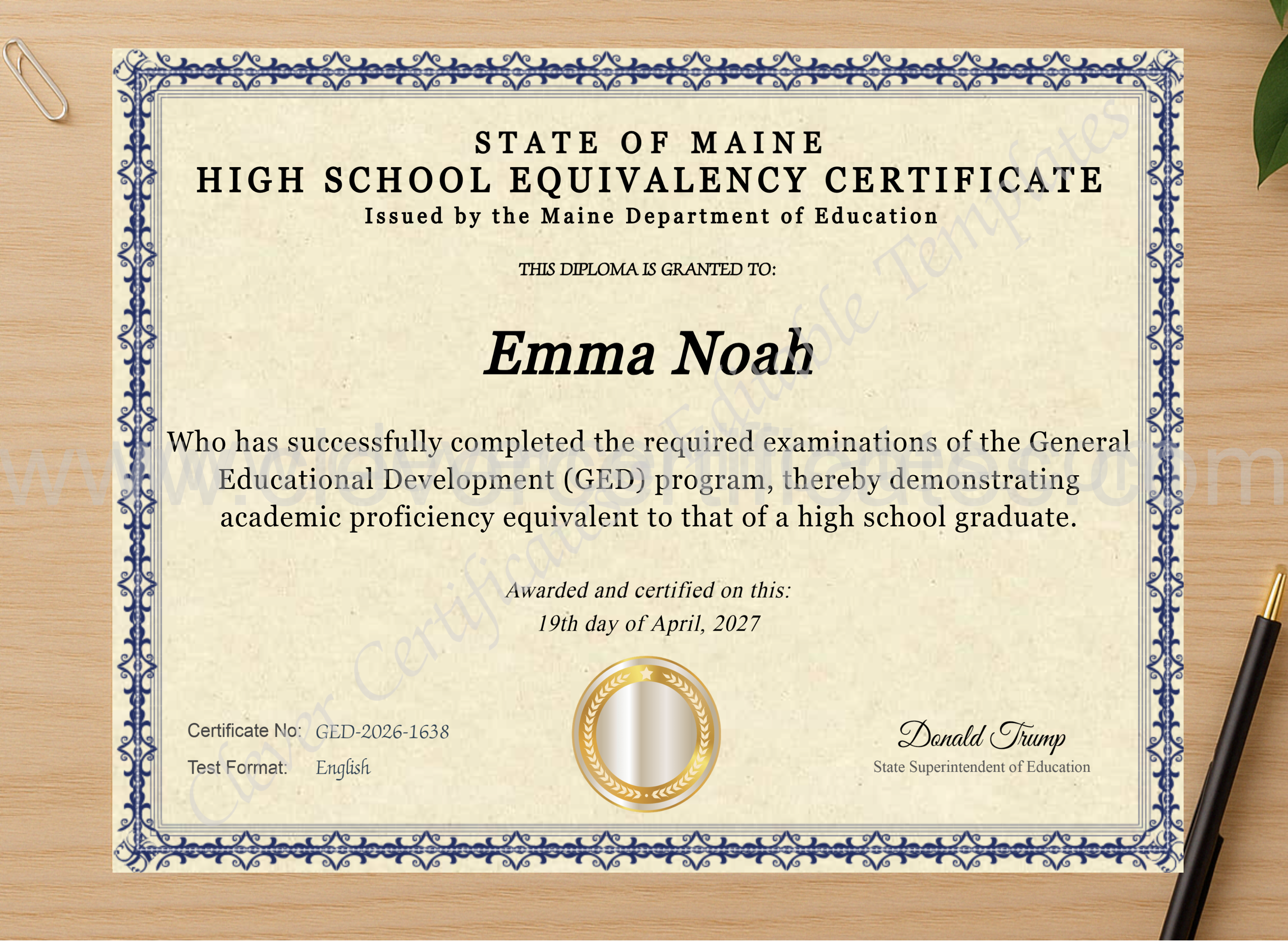 Professional preview of Maine Ged certificate on high-quality stationery paper, ideal for showcasing the final look.