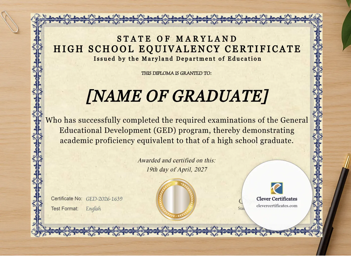 Professional preview of Maryland Ged certificate on high-quality stationery paper, ideal for showcasing the final look.