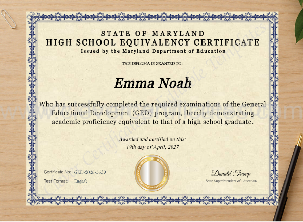 Professional preview of Maryland Ged certificate on high-quality stationery paper, ideal for showcasing the final look.
