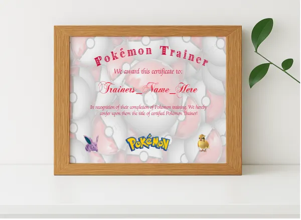 Realistic mockup featuring Pokemon Trainer Certificate 2 displayed within a modern frame, set against a minimalistic background.