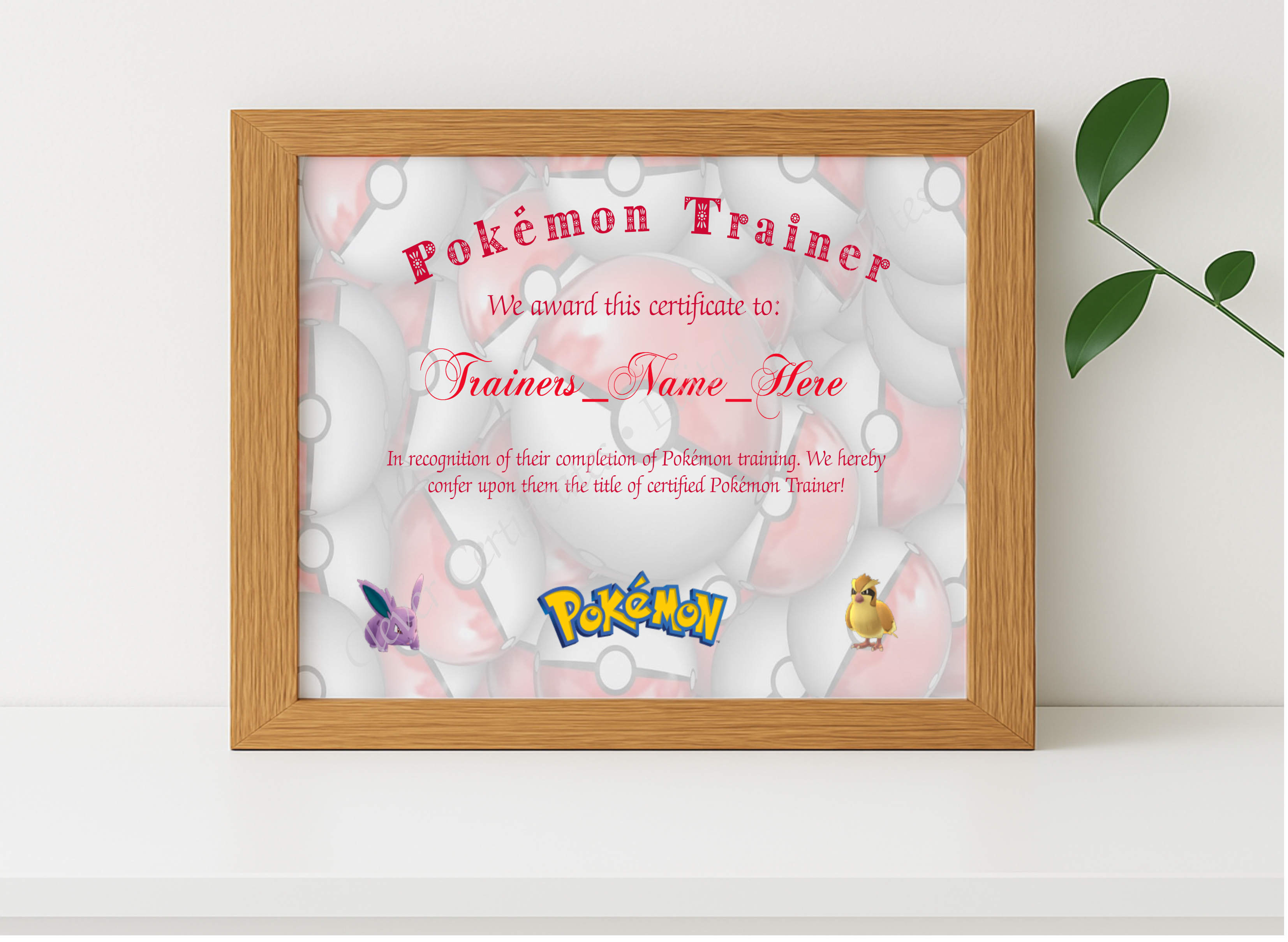 Realistic mockup featuring Pokemon Trainer Certificate 2 displayed within a modern frame, set against a minimalistic background.