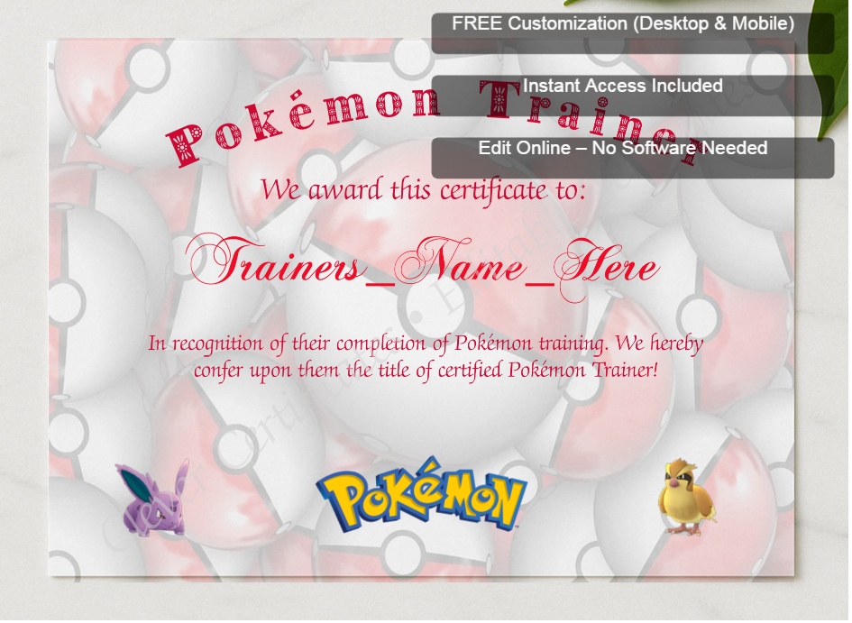 Framed preview featuring Free Editor badge stack for Pokemon Trainer Certificate 2
