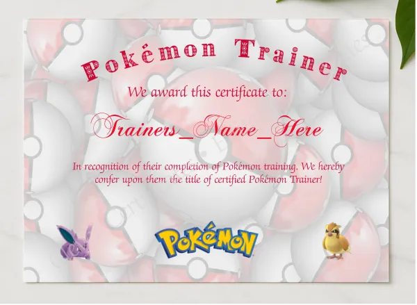 Pokemon Trainer Certificate 2 presented in a sleek wooden frame, elegantly arranged on a stylish table.