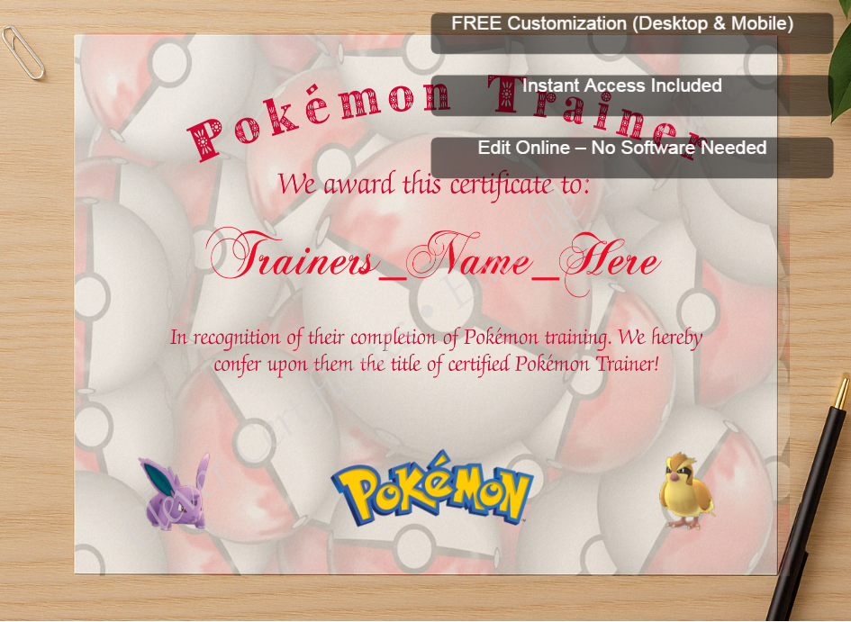 Zoomed preview with Free Editor badge stack for Pokemon Trainer Certificate 2