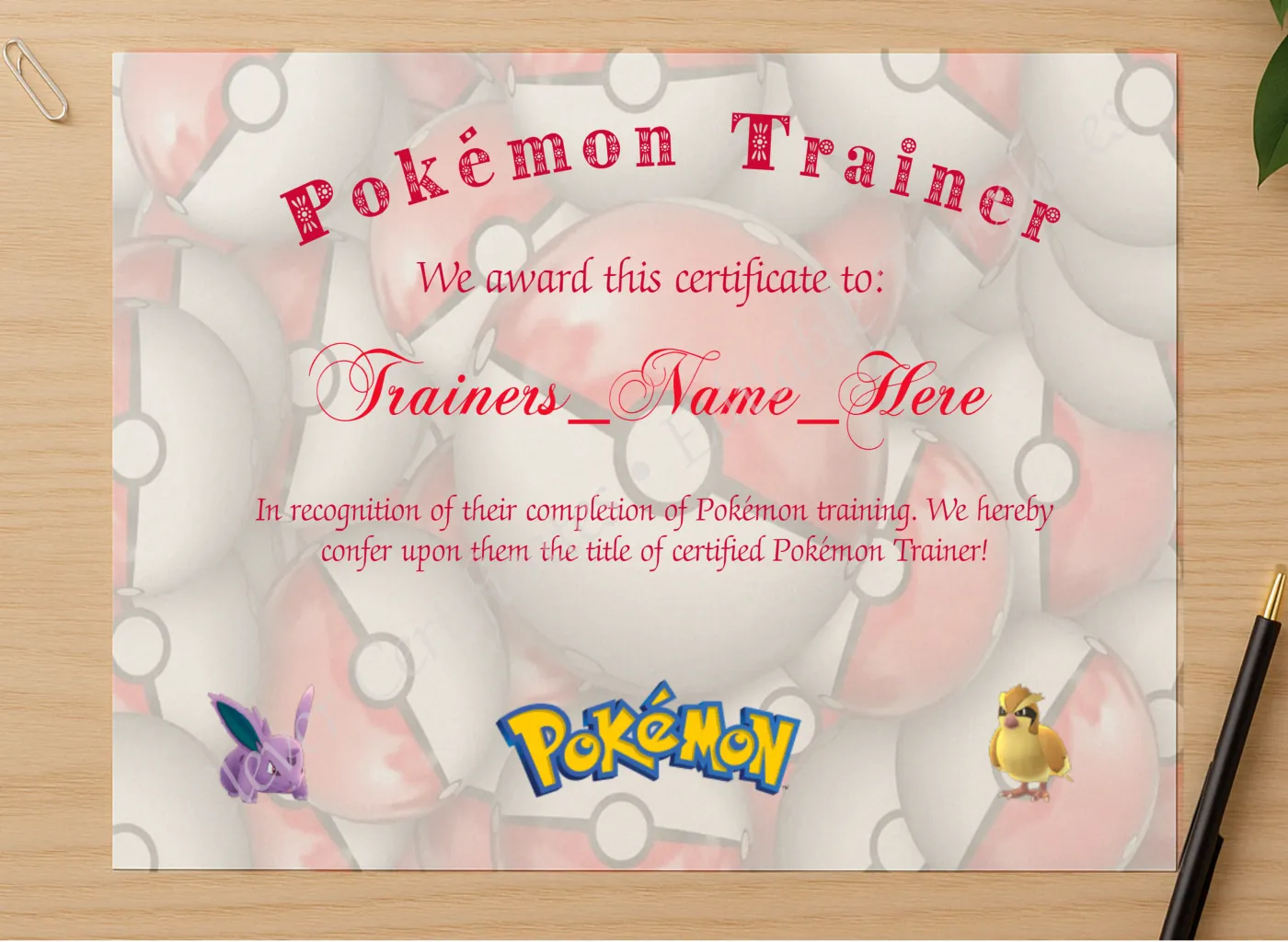 Professional preview of Pokemon Trainer Certificate 2 certificate on high-quality stationery paper, ideal for showcasing the final look.