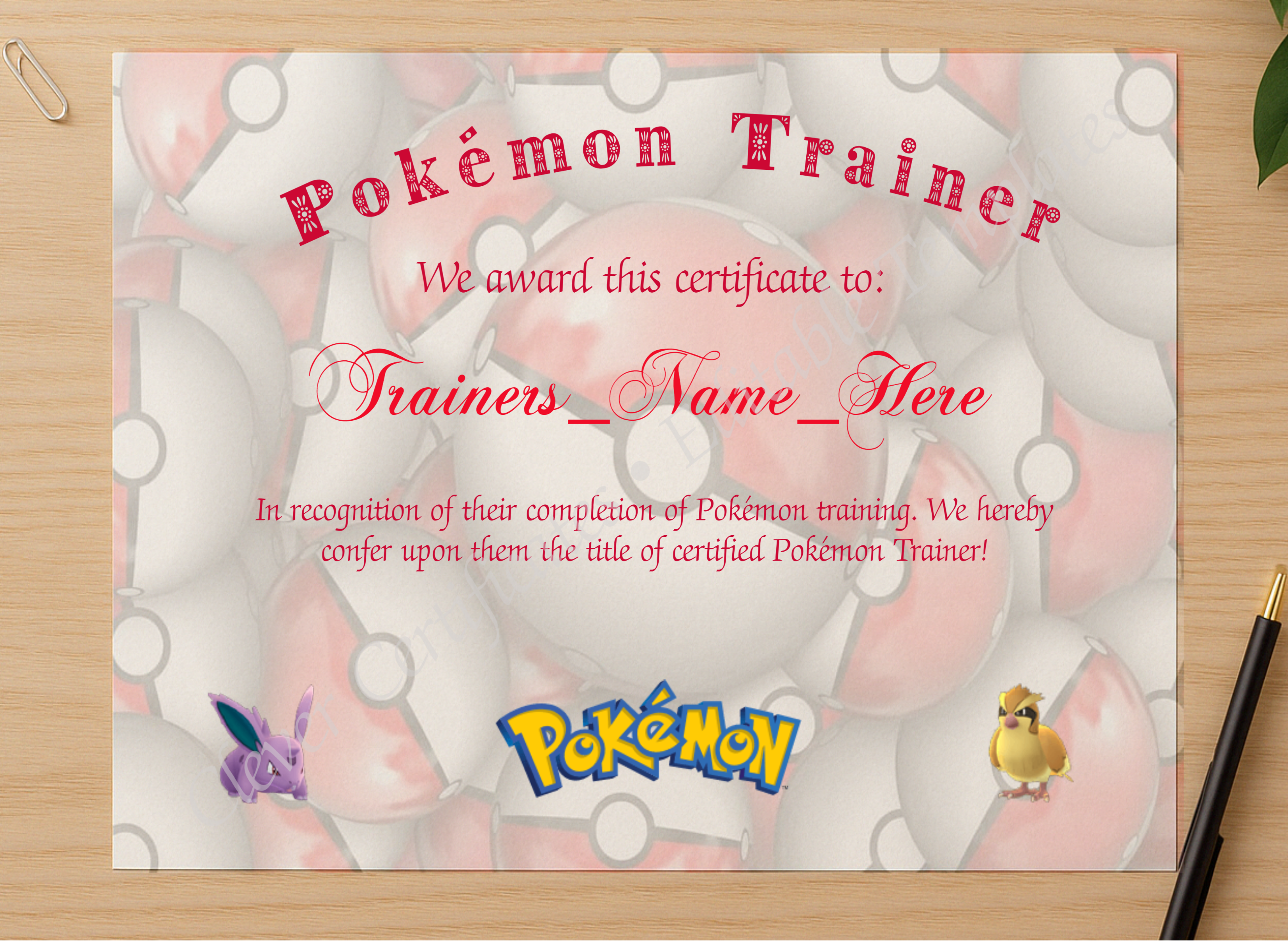 Professional preview of Pokemon Trainer Certificate 2 certificate on high-quality stationery paper, ideal for showcasing the final look.