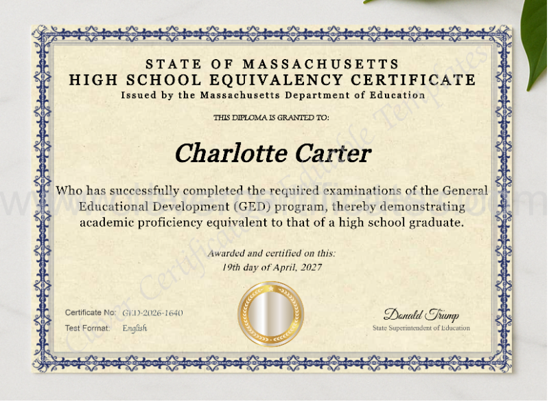 Massachusetts Ged presented in a sleek wooden frame, elegantly arranged on a stylish table.