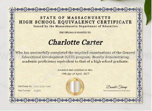 Massachusetts Ged presented in a sleek wooden frame, elegantly arranged on a stylish table.