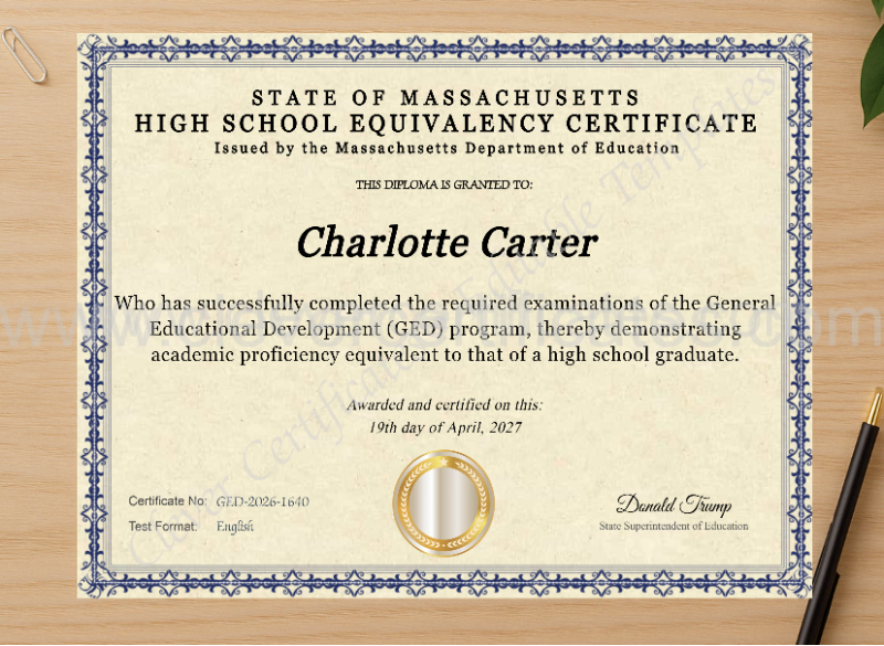 Professional preview of Massachusetts Ged certificate on high-quality stationery paper, ideal for showcasing the final look.