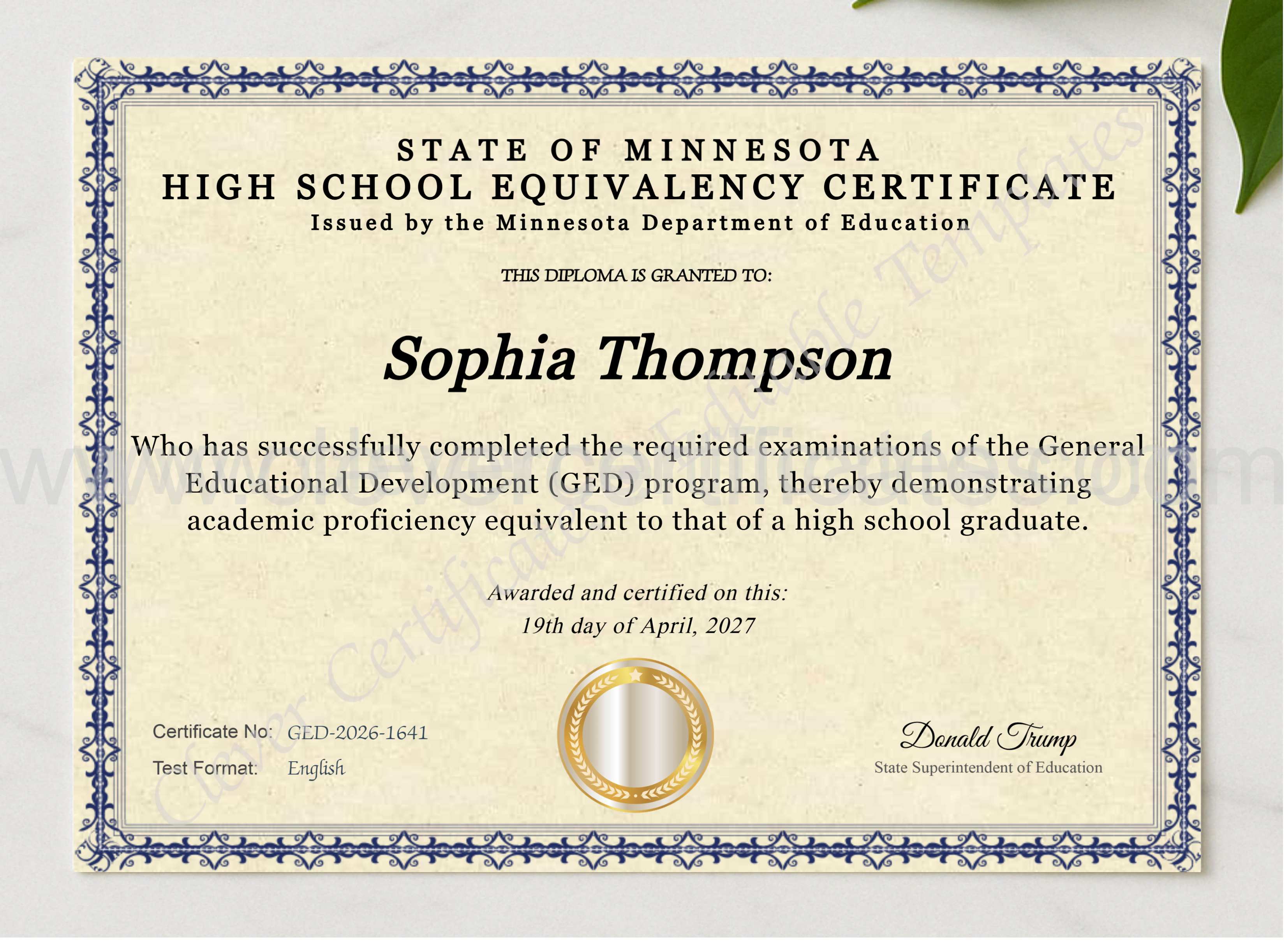 Minnesota Ged presented in a sleek wooden frame, elegantly arranged on a stylish table.