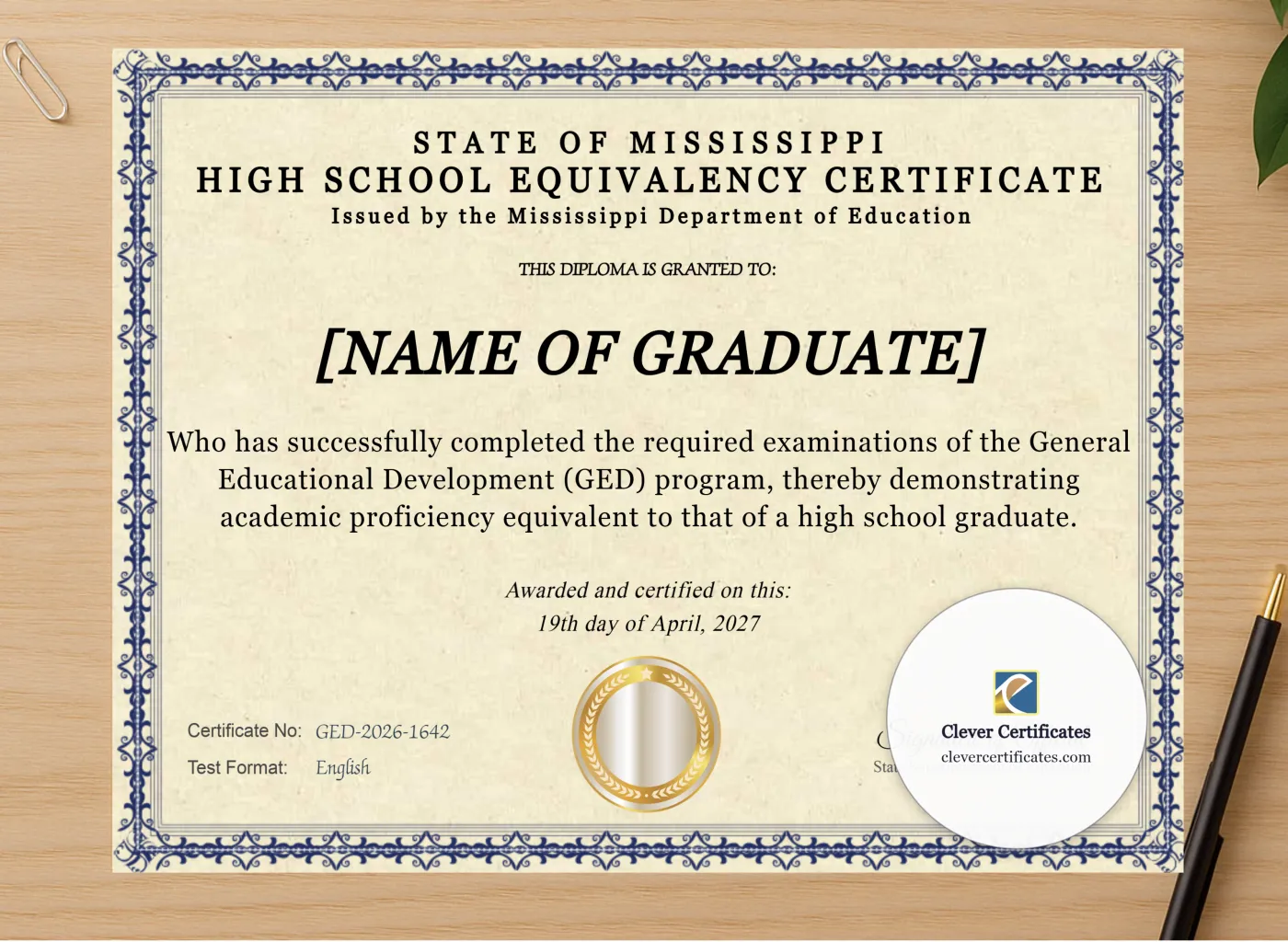 Professional preview of Mississippi Ged certificate on high-quality stationery paper, ideal for showcasing the final look.