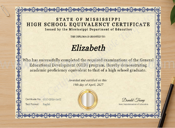 Professional preview of Mississippi Ged certificate on high-quality stationery paper, ideal for showcasing the final look.