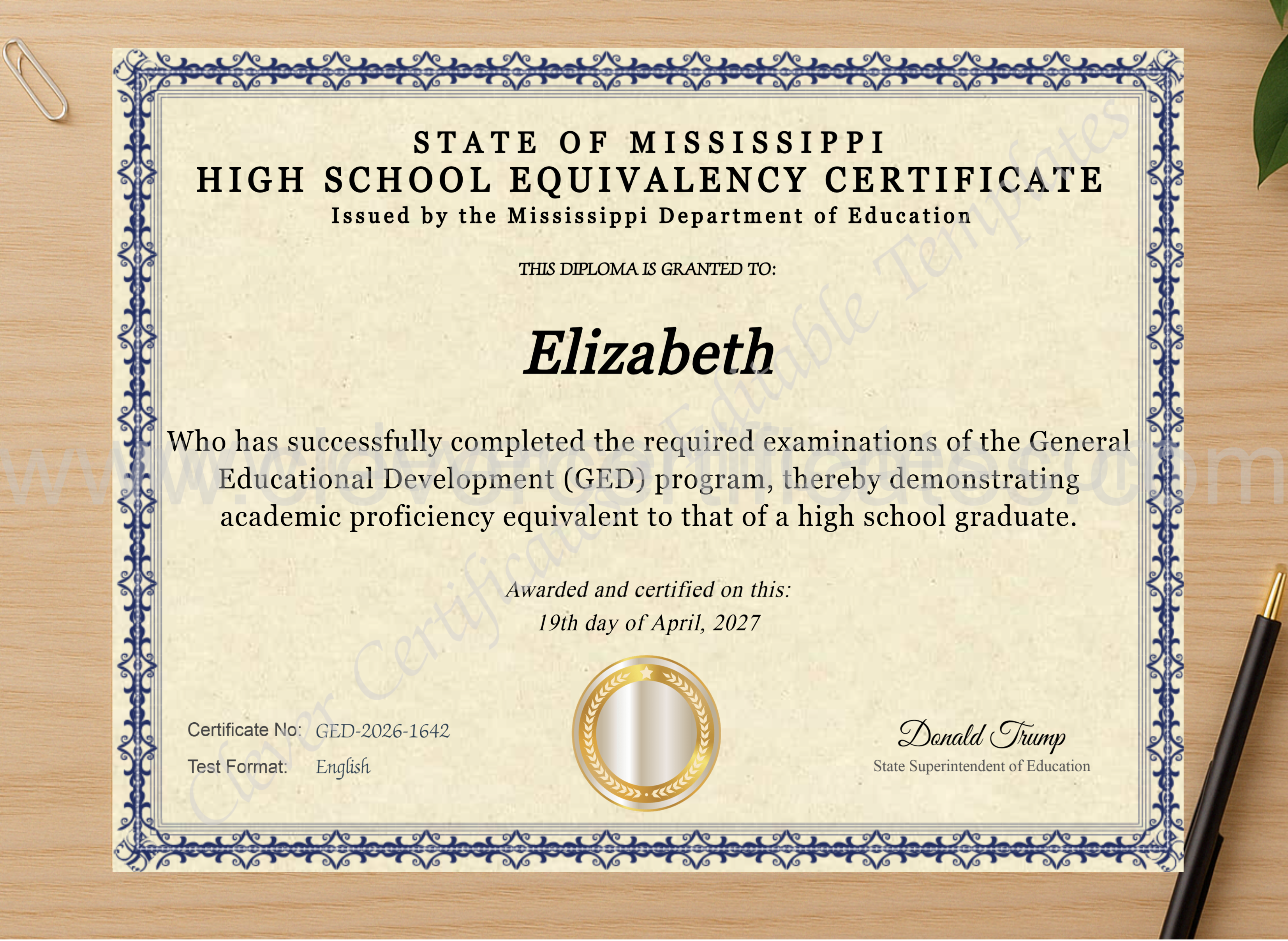 Professional preview of Mississippi Ged certificate on high-quality stationery paper, ideal for showcasing the final look.