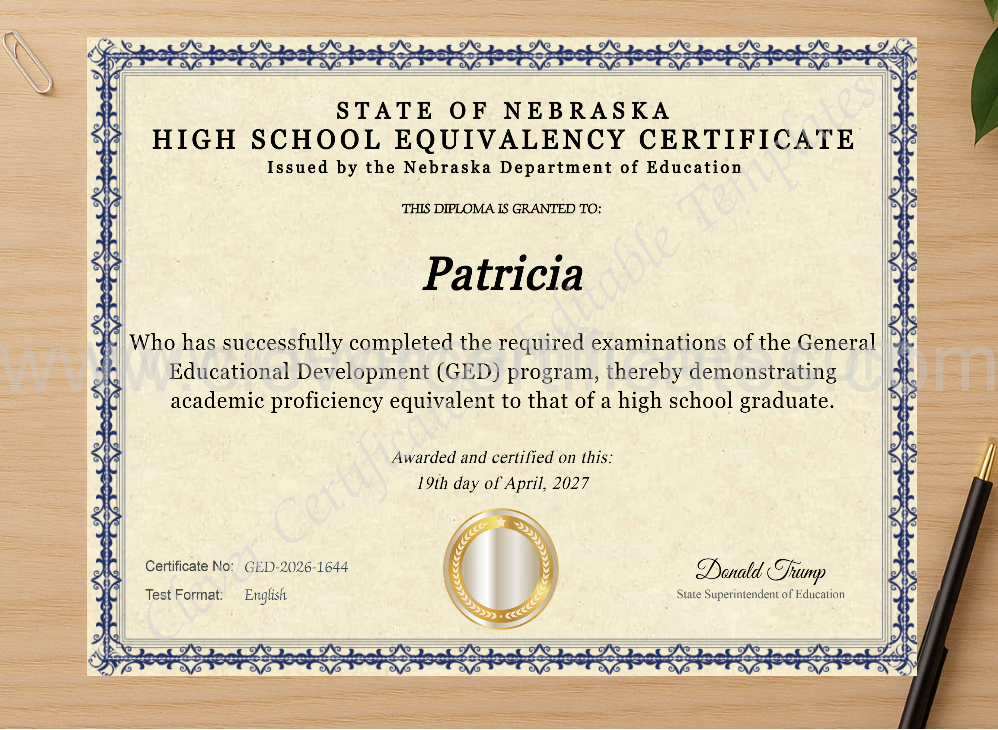 Professional preview of Nebraska Ged certificate on high-quality stationery paper, ideal for showcasing the final look.
