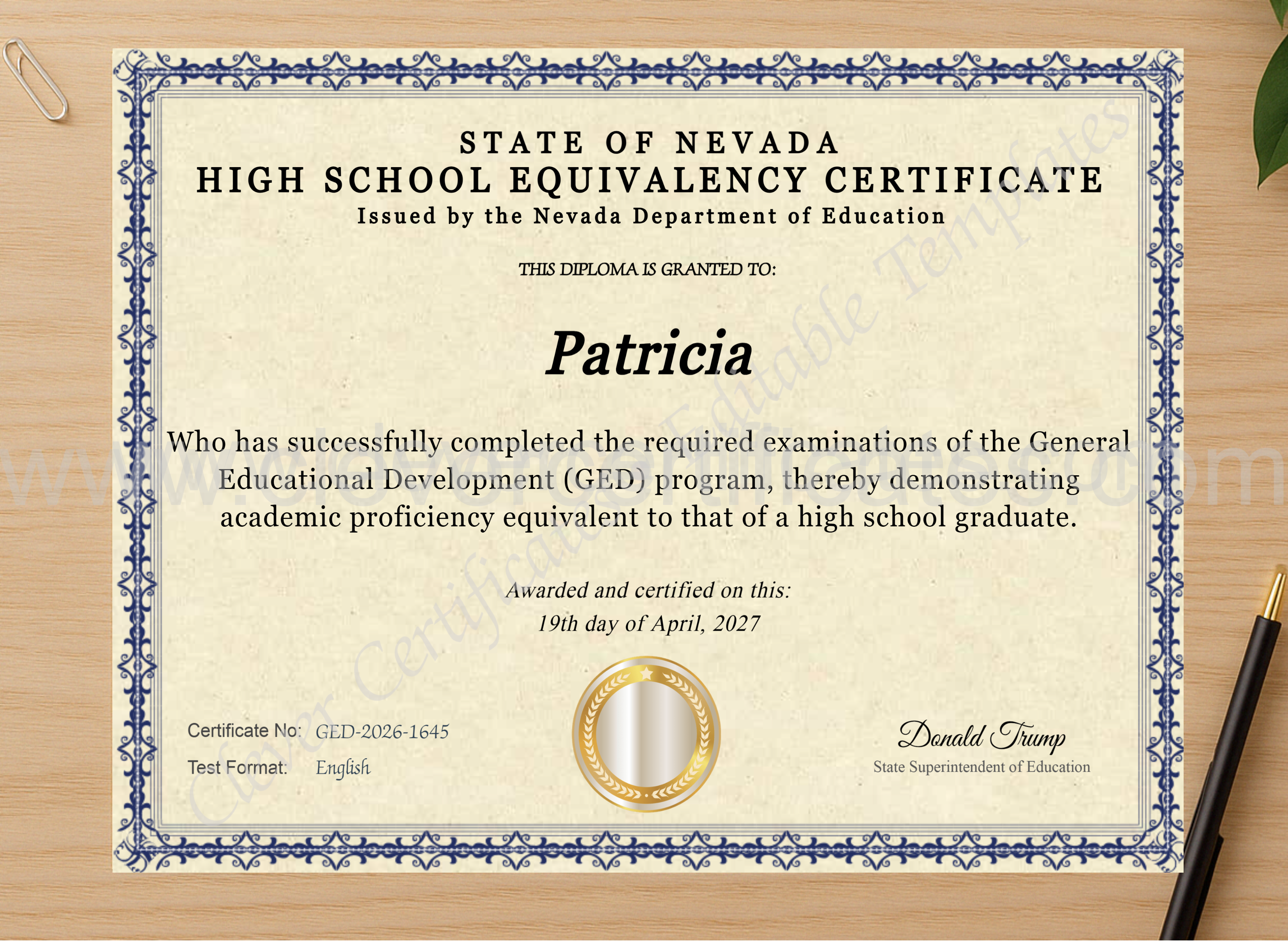 Professional preview of Nevada Ged certificate on high-quality stationery paper, ideal for showcasing the final look.