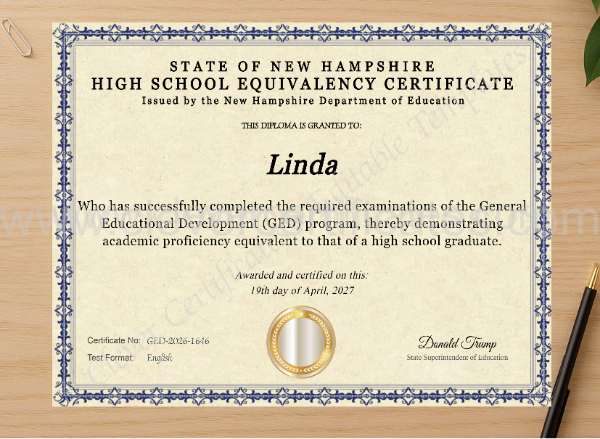 Professional preview of New Hampshire Ged certificate on high-quality stationery paper, ideal for showcasing the final look.