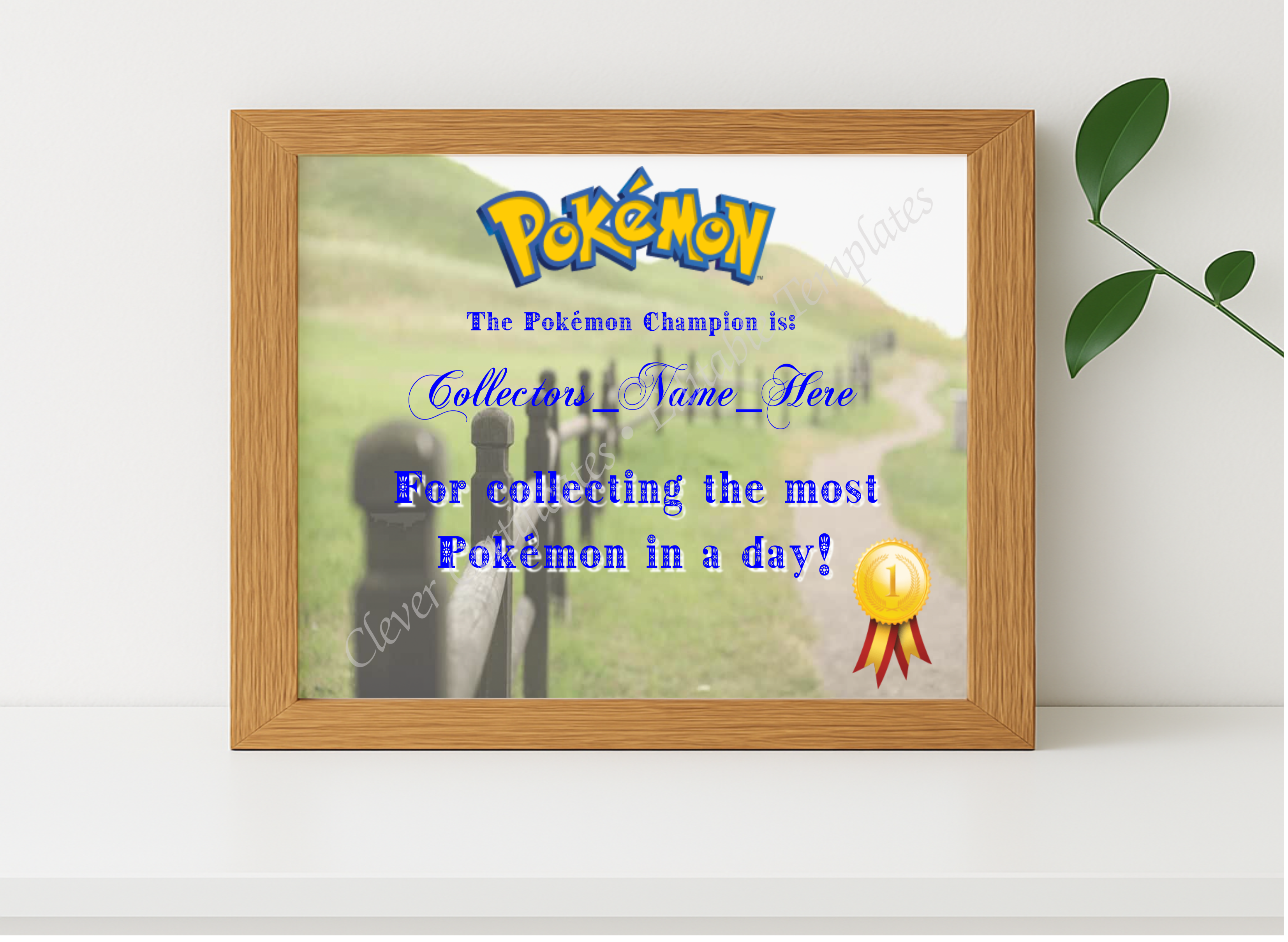 Realistic mockup featuring Pokemon Go Champion Award displayed within a modern frame, set against a minimalistic background.