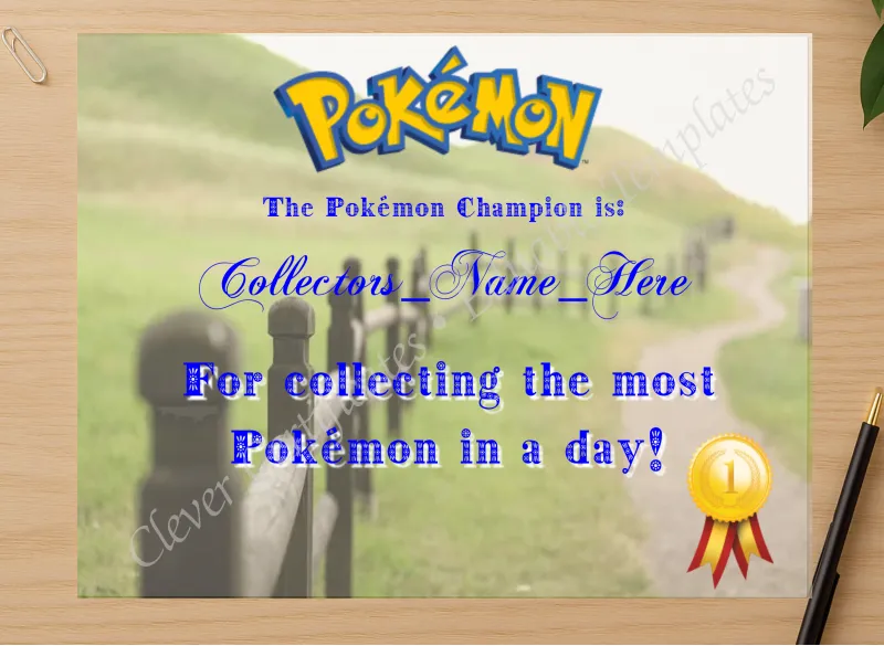 Professional preview of Pokemon Go Champion Award certificate on high-quality stationery paper, ideal for showcasing the final look.
