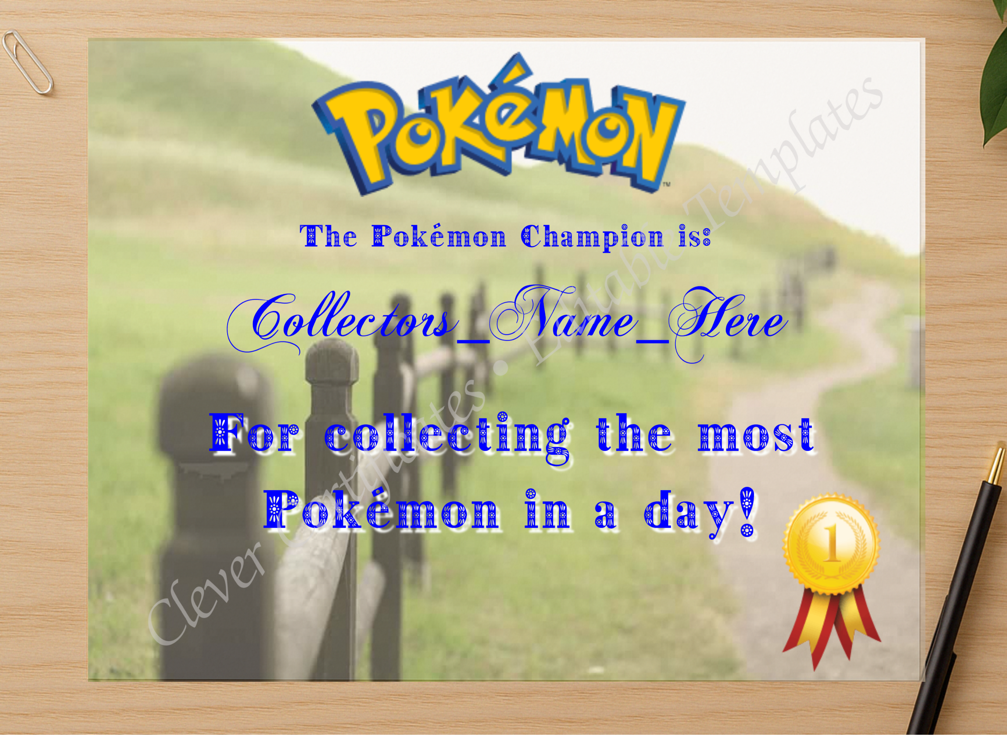 Professional preview of Pokemon Go Champion Award certificate on high-quality stationery paper, ideal for showcasing the final look.